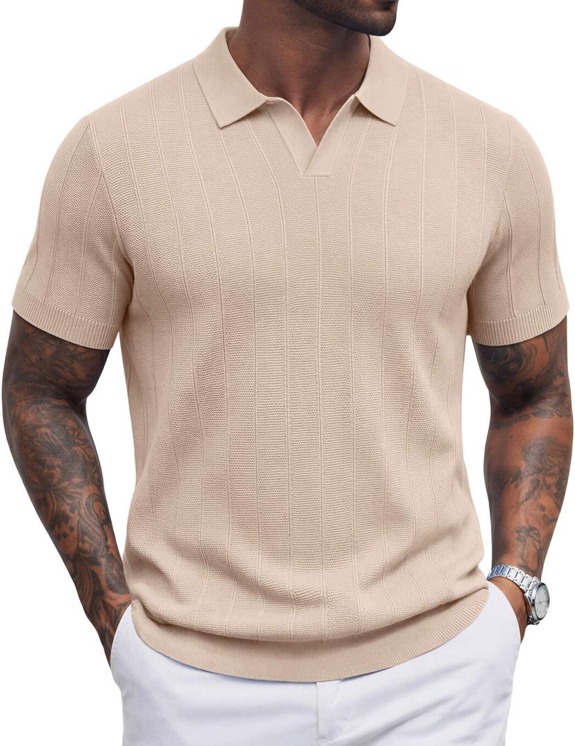 COOFANDY Men's Polo Shirts Short Sleeve Textured Knit Polo Shirt Ribbed Casual Golf Shirts Light Brown (Blue)
