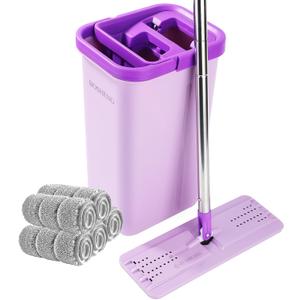 BOSHENG Mop with Wringer Set, Hands Free Flat Floor Mop and Bu 5 Washable Microfiber Pads Included, Wet and Dry Use, Home Floor Cleaning System for All Floor Types and Windows,Purple