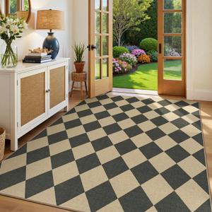 Lessymo Checkered Easy Jute 5x7 Area Rugs, Washable Patio Rug for Living Room Farmhouse Indoor Outdoor Carpet, Geometric Non Slip Black Carpet for Bedroom Backyard Dining Room, Diamond Black/Beige