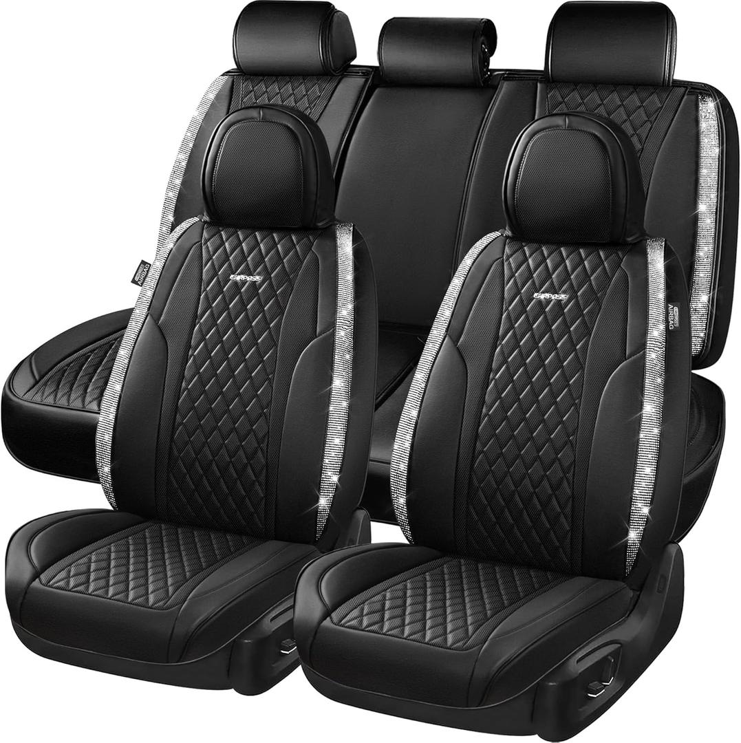 CAR PASS Bling Leather Car Seat Covers & Black Nappa Leather Calfskin Seat Cushioned Protector, Waterproof Anti-Slip Universal Fit SUV Truck Sedan, Glitter Sparkly Shining Rhinestone, Silver Diamond (Full Set)