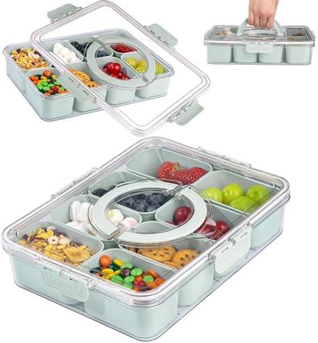 U-QE Dishwasher Safe Snackle Box Container with 8 Small Snacks Box - Premium Sage Green Plastic Divided Serving Tray with Lid and Handle for Snack, Fruits, Perfect for Party, Picnic, Entertaining