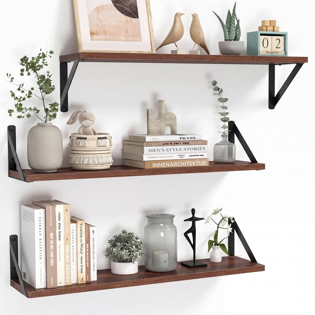 Heimlove Floating Shelves for Wall, 28 Inch Long Wood Floating Shelves Set of 3, Wall Mounted Hanging Shelf for Bathroom Bedroom Kitchen, Walnut