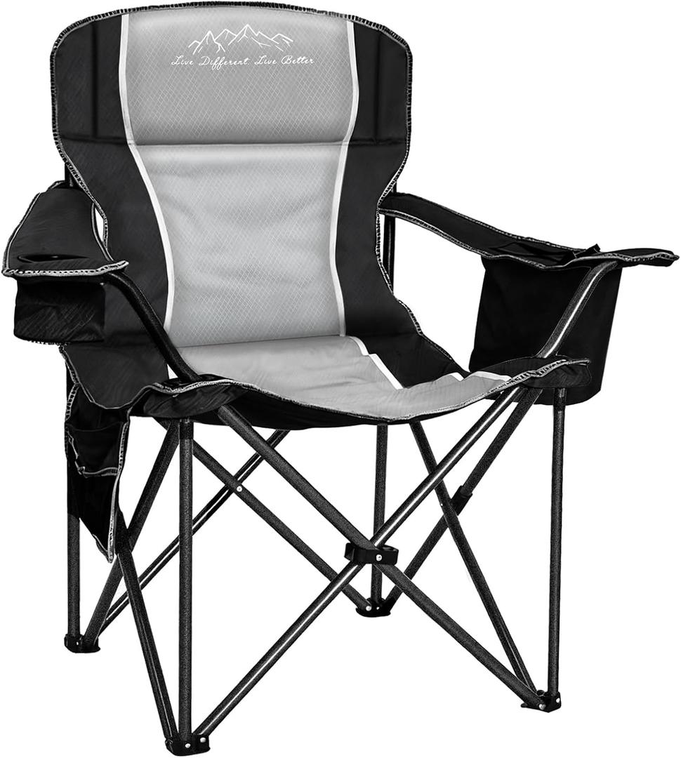 Camping Chairs for Adults Heavy Duty 500lbs Capacity, High Back Folding Chair with Thickened Steel Frame, Padded Portable Outside Chair with Cooler Bag, Cup Holder & Side Pocket, Black, 1 Pack (25''x25''x39.5'')
