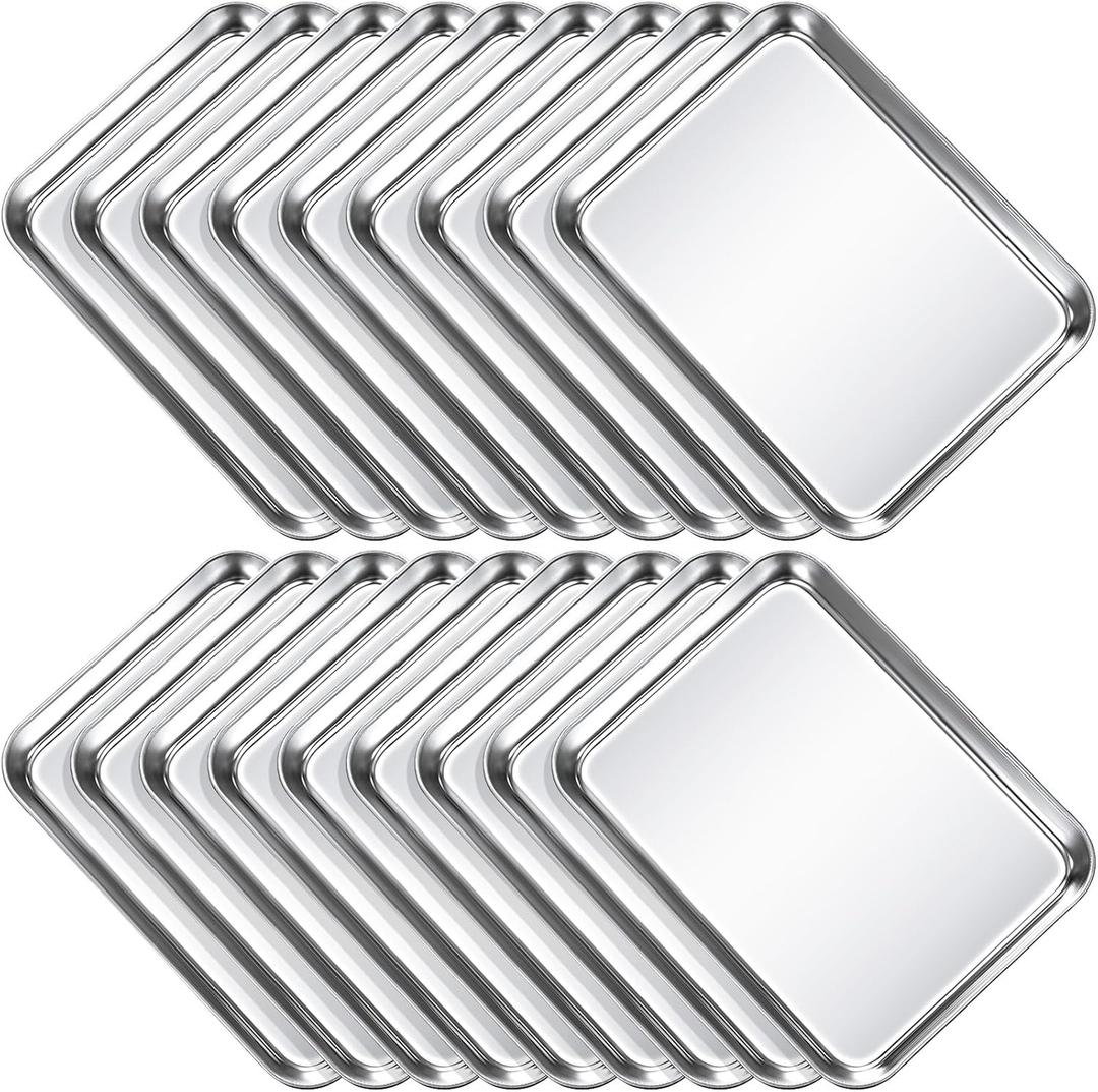 Potchen 18 Pcs Baking Sheet Pan Set Stainless Steel Cookie Sheet Small Toaster Oven Pans Tray Barbecue Grill Pan Rectangle Trays Oven Freezer Bakery, Non-stick, Easy Clean, 9 x 6.7 x 1 Inches