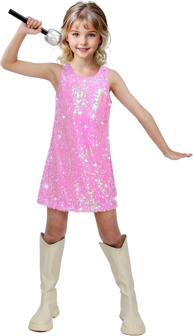 Sinkawa Jackets Girls Sequin Dress Sparkly Sleeveless Costume Prom Concert Party Outfit with Glitter Microphone Prop-Medium Light Pink