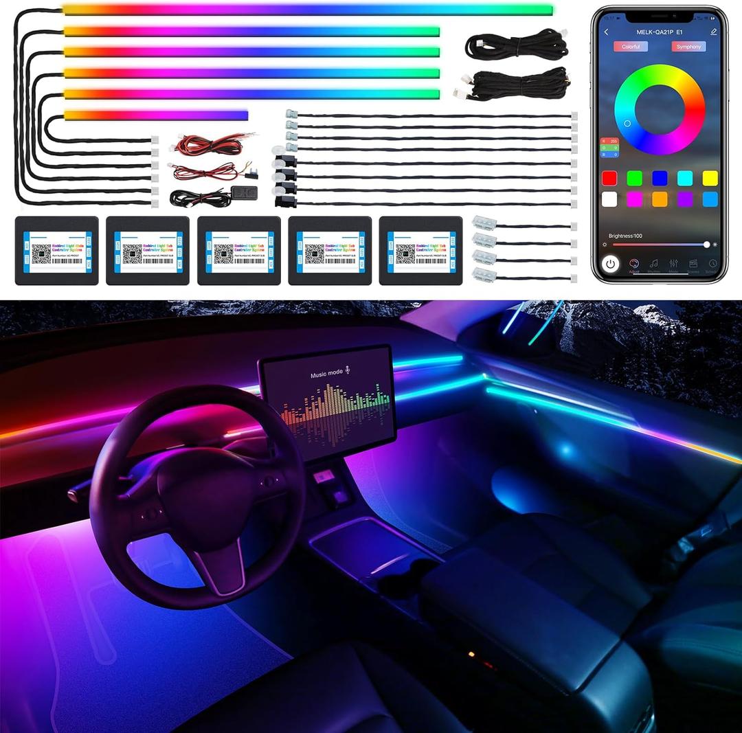 Dreamcolor Acrylic Interior Car LED Strip Light with Wireless APP, RGB 18 in 1 with 175 inches 600 LEDs Fiber Optic Car Ambient Lighting Kits, Dual Zone Sound Active Function LED Strip for Car