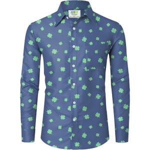 Arvilhill Mens St Patrick's Button Shamrock Clover Printed Long Sleeve Shirt (S-3XL) (Blue, XXXL)