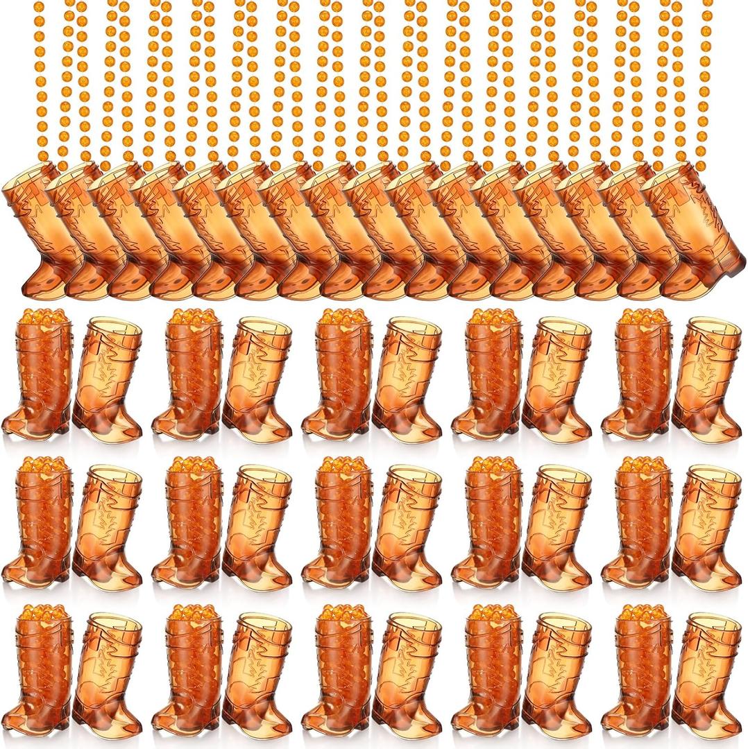 Sieral 48 Pcs Cowboy Boot Shot Glasses on Beaded Necklace Plastic Reusable Cowgirl Shot Boot Glasses Necklace Party Cups for Cowboy Cowgirl Bachelorette Carnival Western Birthday (Transparent Brown)
