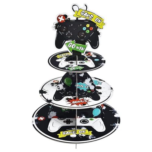 WERNNSAI Video Game Cupcake Stand - Video Game Party Supplies for Boys Gamer Gaming Birthday 3-Tier Game Cupcake Stand Holder Round Serving Tray Stand Dessert Tower for Gaming Theme party Supplies, Set of 2