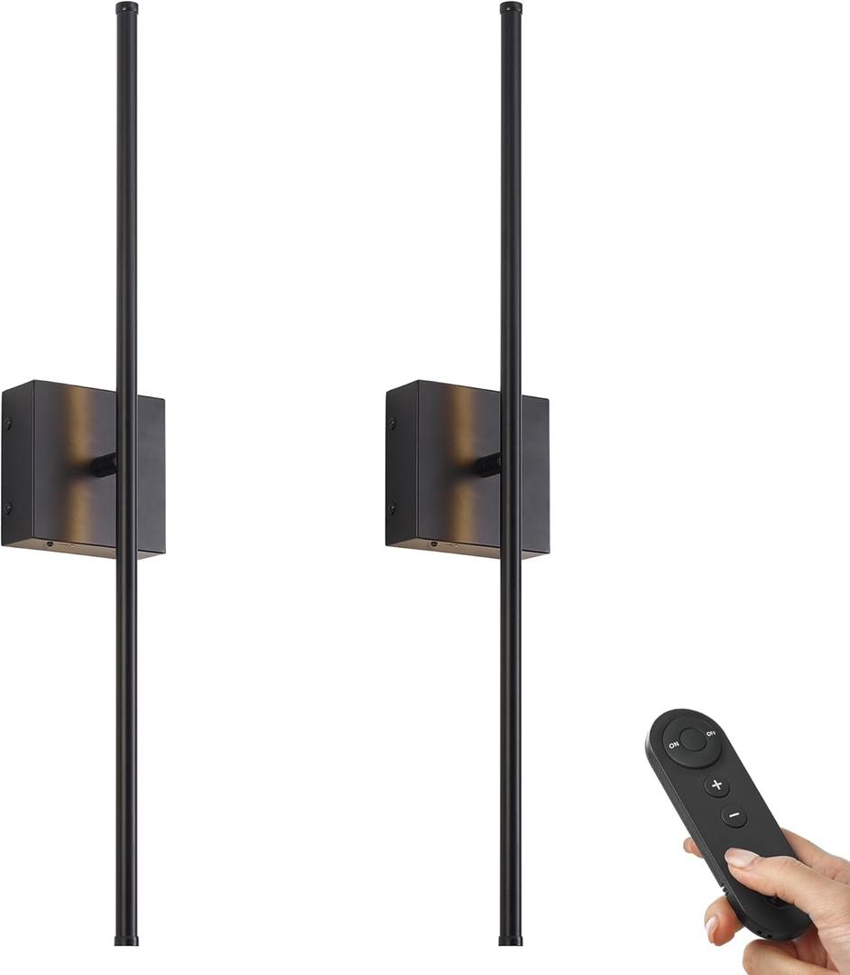 28.3 Inch Battery Operated Wall Sconces 3000K Warm White LED Wall Lights Remote Control Dimmable Set of Two 350Rotate Wireless Lamps Home Decor for Living Room Hallway Bedroom, Black 2 Pack
