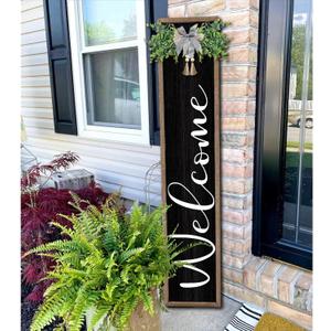 Welcome Sign for Front Porch Standing 45"X9" Large Outdoor Decor Rustic Vertical Leaner Wood Frame Porch Tall Welcome Signs for Farmhouse Outside Front Door Decorations (Wood Black)