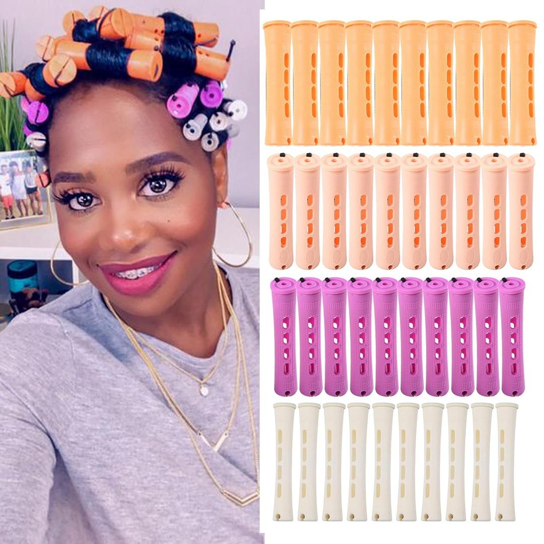 40pcs Perm Rods Set for Natural Hair 4 Sizes Cold Wave Rods Hair Rollers for Women Curling Rods for Long Medium Small Hair Curler Styling DIY Hairdressing ToolsOrange+Beige+Purple+white (1 Count (Pack of 40))