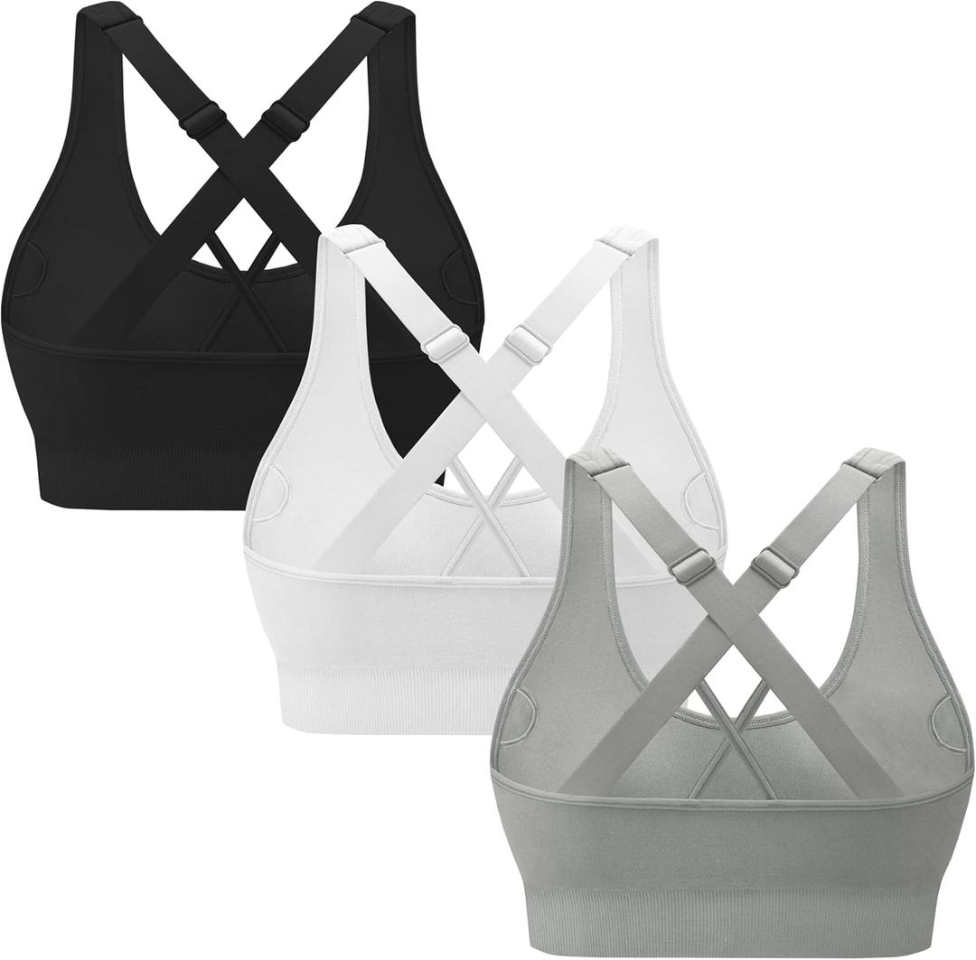 3-Pack Criss-Cross Strappy Sports Bras for Women - Padded High Impact Seamless Yoga Exercise Athletic Bra (Black Lightgrey White)