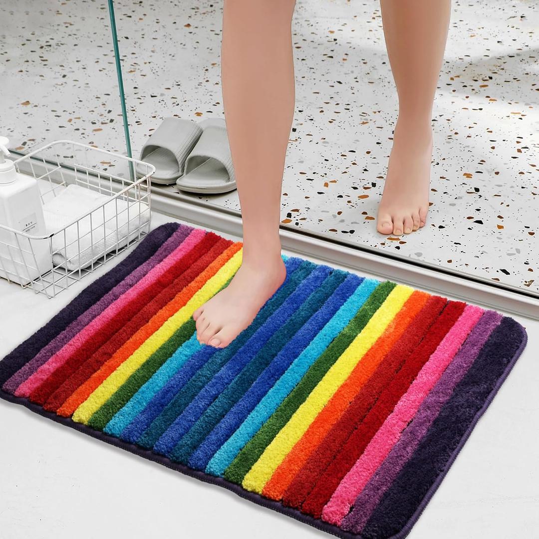 NIENLCIP Rainbow Striped Bathroom Rugs Colorful Microfiber Bath Mat Non-Slip Plush Carpet Floor Mats Water Absorbent Bathroom Mat for Living Room Bedroom Machine Washable 16"X24"