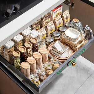 Risnoae Expandable Pull Out Cabinet Organizer (15.5"-27"W), Slide Out Drawers for Kitchen Pantry Bathroom Cabinets 16.5" Deep, Adjustable Cabinet Roll Out Shelves Fixed with Adhesive Nano Film
