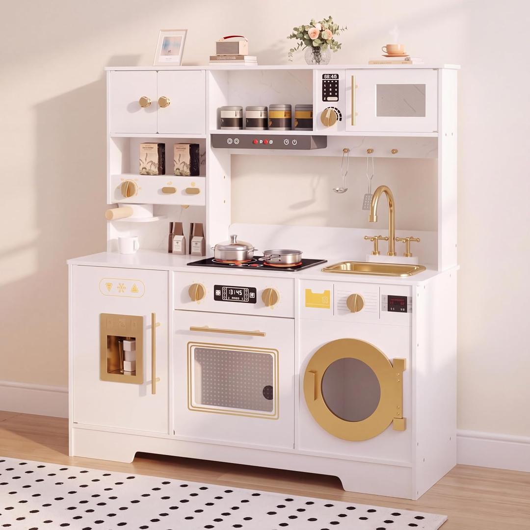 Play Kitchen with Coffee Maker – Pretend Kitchen Set with Lights and Sounds, 35.24 x 11.61 x 36.81 inches, White and Gold
