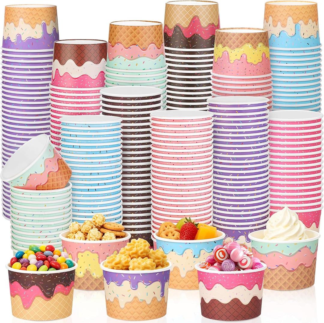 Kochorie 300 Pack 8oz Paper Bowls Disposable Dessert Bowls Ice Cream Containers Sundae Bowls Dessert Yogurt Party Supplies Treat Bowl for Birthday Party Summer Holiday Bar, 6 Designs