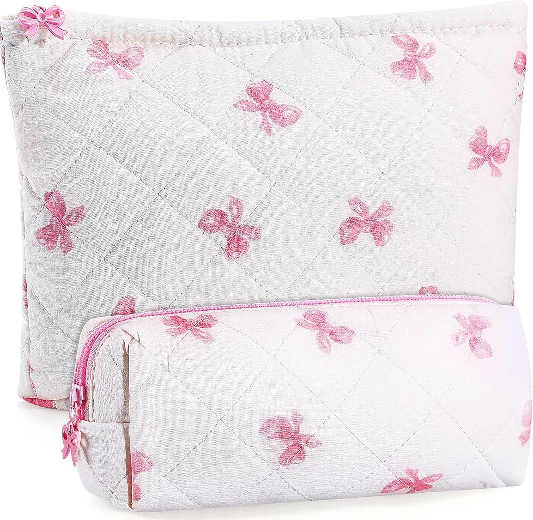 Paterr 2 Pcs Cotton Quilted Makeup Bag Set Coquette Pink Bow Cosmetic Bag Cute Aesthetic Travel Toiletry Organizer Skincare Pouch Toiletry Organizer Portable Pencil Case for Bridesmaid Women Gifts (Rectangle, White)