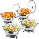 Chafing Dish Buffet Set 4 Packs, 5 QT Stainless Steel Round Chafing Dishes with Glass Lid & Lid Holder, Food Warmer for Parties Buffet Weddings Catering Events (5 QT - 4 Packs)