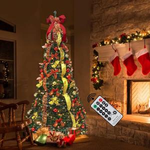 6.5FT Pop Up Christmas Tree with Lights and Decorations & Remote & Timer, Prelit Fully Decorated Pull Up Artificial Christmas Tree with Xmas Ball Ornaments Bows Ribbons for Xmas Party Decor (Red&gold)