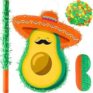 Avocado Pinata Mini Sombrero Hats Pinata Mexican Hats Pinata Fiesta Game Favors for Mexican Fiesta Supplies Decorations with Pinata Stick Blindfold Confetti Set, 15.4 x 13 x 3 Inch