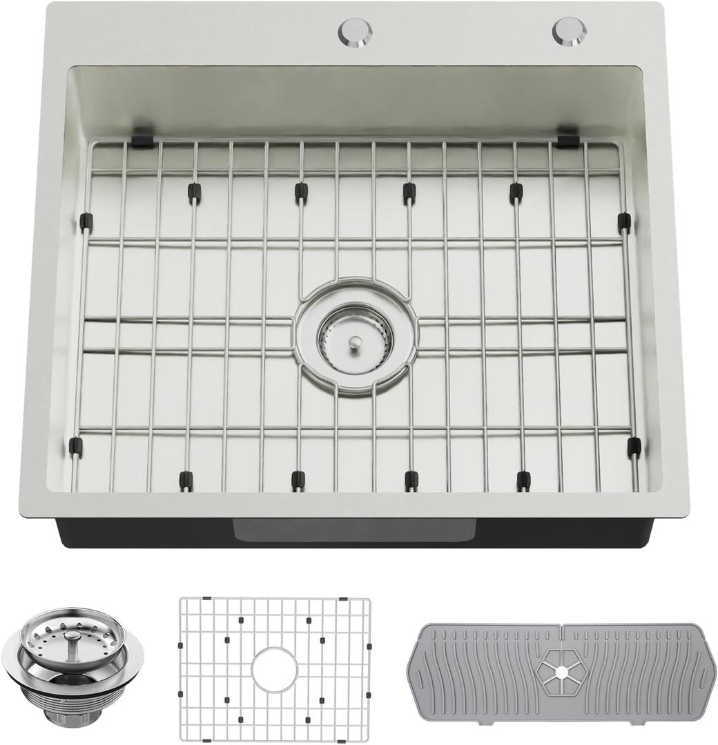 Stainless Steel Kitchen Sink, 25x22x6 Inch Low Height Design Single Bowl Drop In Topmount Kitchen Sink Come With Accessories Ensure Individuals With Limited Mobility Easily Accessing And Using