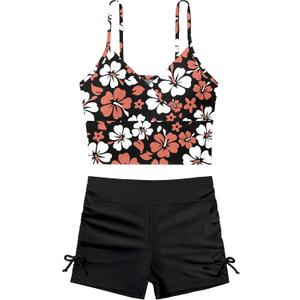 KANGKANG Girls Teen Floral Print Tankini 2Pcs Set V-Neck Blue High Rise Boyshort Swimsuits (9-10 Years, Black Flower)