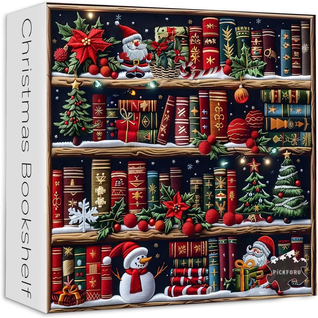 Christmas Bookshelf 1000 Piece Puzzle for Adults, PICKFORU Colorful Book Pages Jigsaw Puzzles Santa Claus Snowman, Hard Difficult Embroidery Library Theme as House Decor