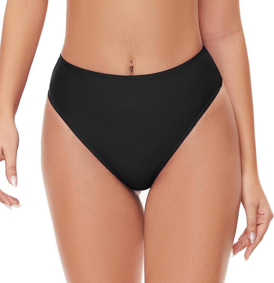 Women's High Waisted Thong Bikini Bottoms High Cut Black Rave Bottoms, Black, X-Large (Black, XL)