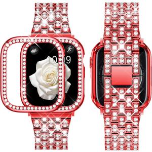 Supoix Compatible with Apple Watch Band 42mm (Series 11/10) Case, Women Jewelry Bling Diamond Rhinestone Replacement Metal Bands & 2 Pack PC Protector Case for iWatch Ultra 3/2/1 Series 11/10/9/8/7/6/5/4/3/2/1/SE