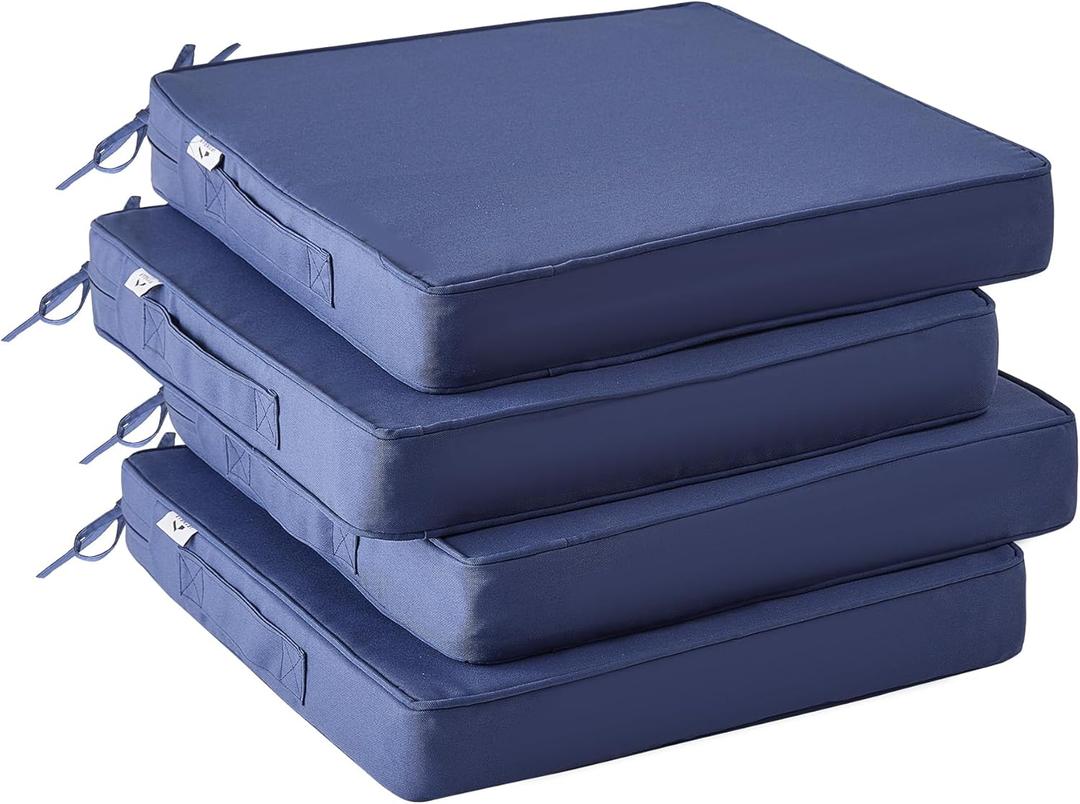 Outdoor Chair Cushions Set of 4 -Waterproof Outdoor Seat Cushions for Patio Furniture, Patio Chair Cushion with Handle and Ties, Square Out Door Chair Pads,19" x 19" x 3", Navy Blue
