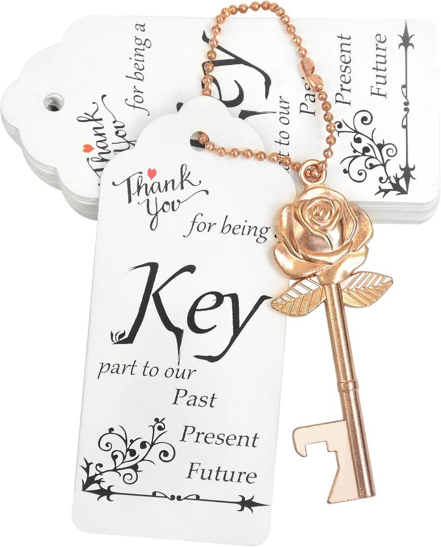 Aokbean 100 Sets Rose Flower Shaped Keys Wedding Favors Gift for Guest Bulk Skeleton Key Bottle Opener with Card and Chain for Rustic Party Bridal Showers Decorations (Rose Gold)