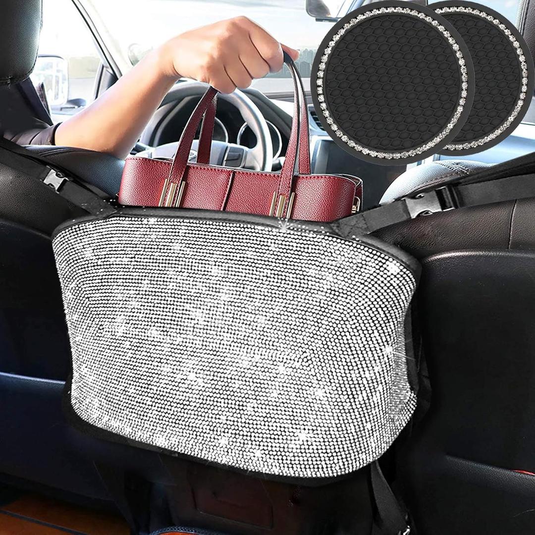 3 Pack Bling Car Mesh Organizer,Seat Back Net Bag,Barrier of Backseat Pet Kids,Cargo Tissue Purse Holder,Driver Storage Netting Pouch with 2PCS Crystal Diamonds Cup Holder (silver)