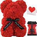 LINKLO Rose Bear Rose Teddy Bear -10 inch Artificial Rose Flower Bear, Gift for Wedding, Mothers Day and Anniversary, Including Transparent Gift Box(Red)