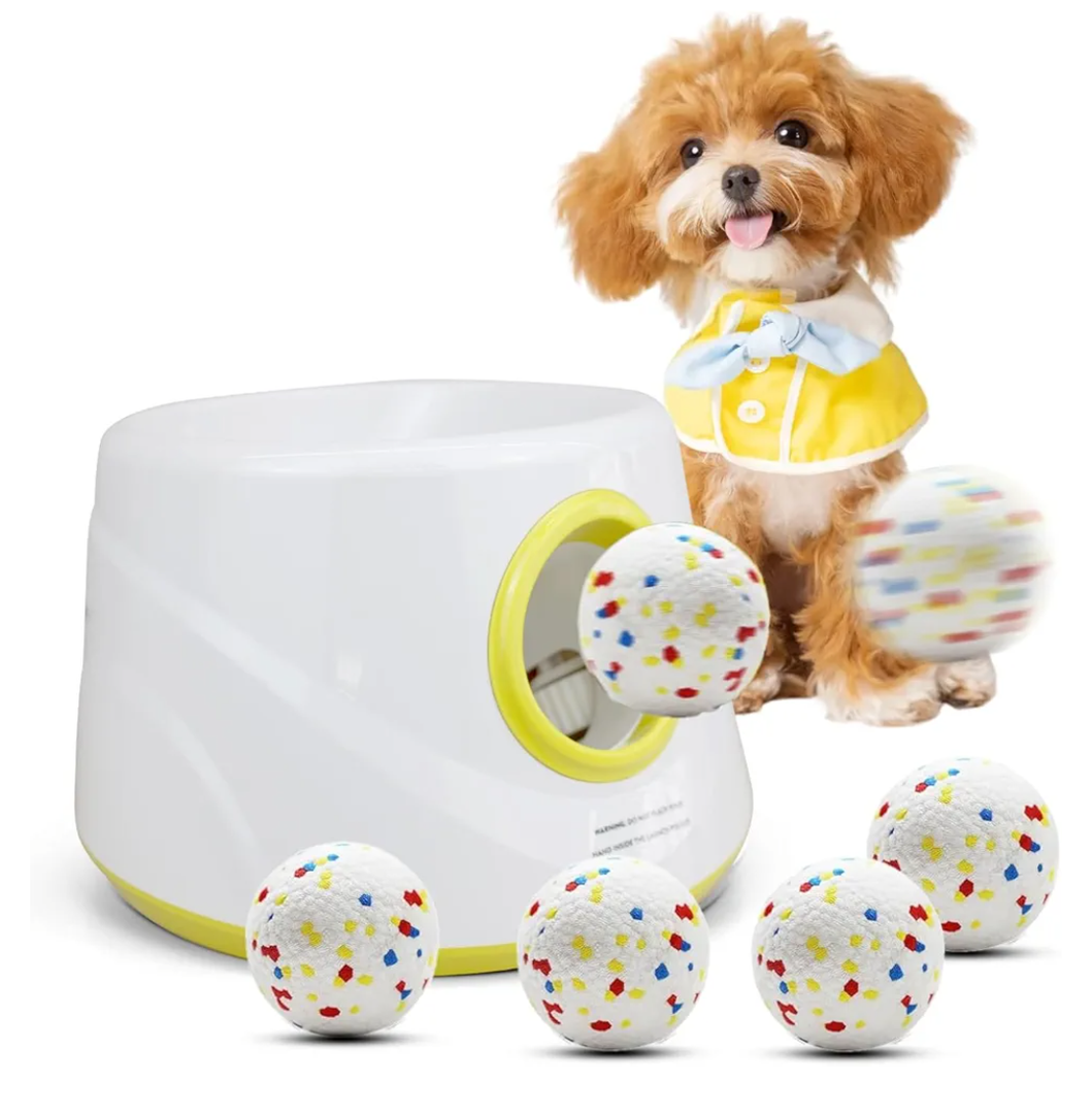 Automatic Dog Ball Launcher with 6 ETPU Balls, White, Adjustable Distance 20-45ft, USB Rechargeable, Interactive Pet Toys (Yellow)