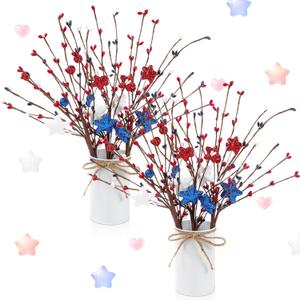 SiliFine 2 Sets Patriotic 4th of July Centerpieces for Tables Red White Blue 250th Anniversary Decor Memorial Day Flowers Include 11.81 Inch Artificial Berry Stem Stars Picks and Vase for Home Office
