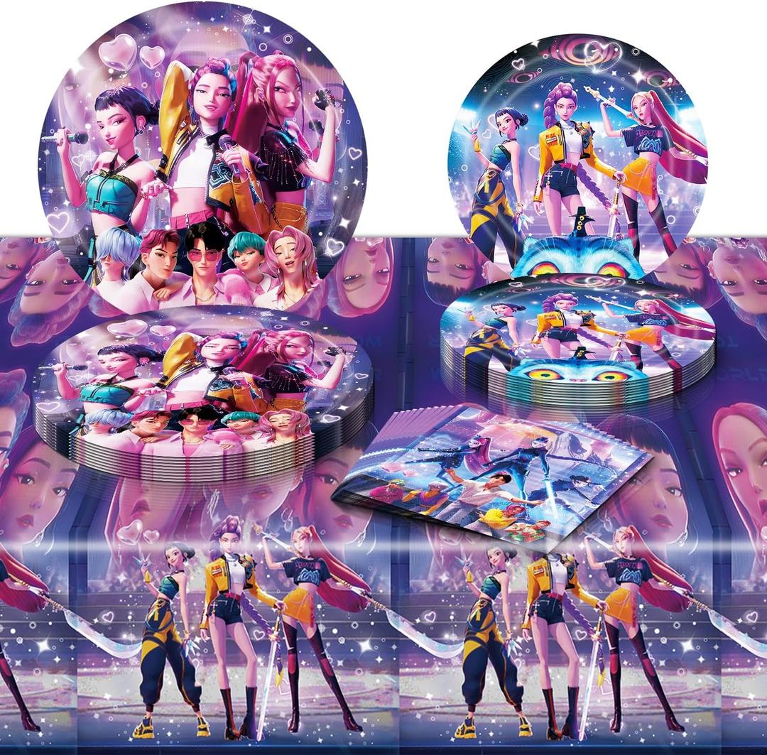 Demon Hunters Birthday Decorations, 20 Plates, 20 Napkins and 1 Tablecover for Boys Girls Kpop Party Supplies