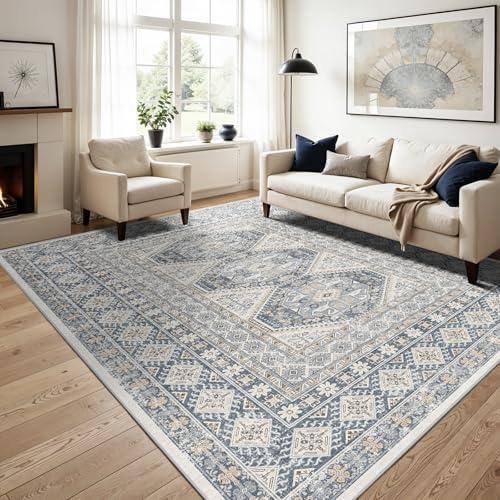 12x15 Area Rug for Living Room: Vintage Oriental Washable Rug for Bedroom Dining Room with Non Slip Rubber Backing Stain Resistant Low Pile Large Carpet Home Office (Blue, 12x15)