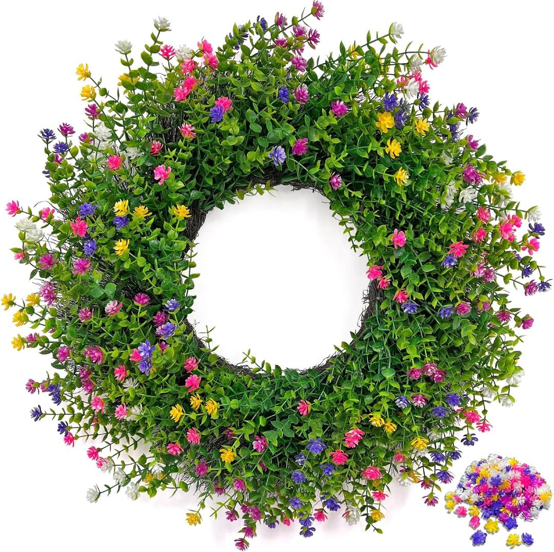 24 Inch Spring Wreaths for Front Door  Weatherproof 5-in-1 Multi-Color Farmhouse Flower Wreath with Interchangeable Extra Color Bag  Boxwood Greenery Floral Wreath for Home Dcor Outdoor Indoor