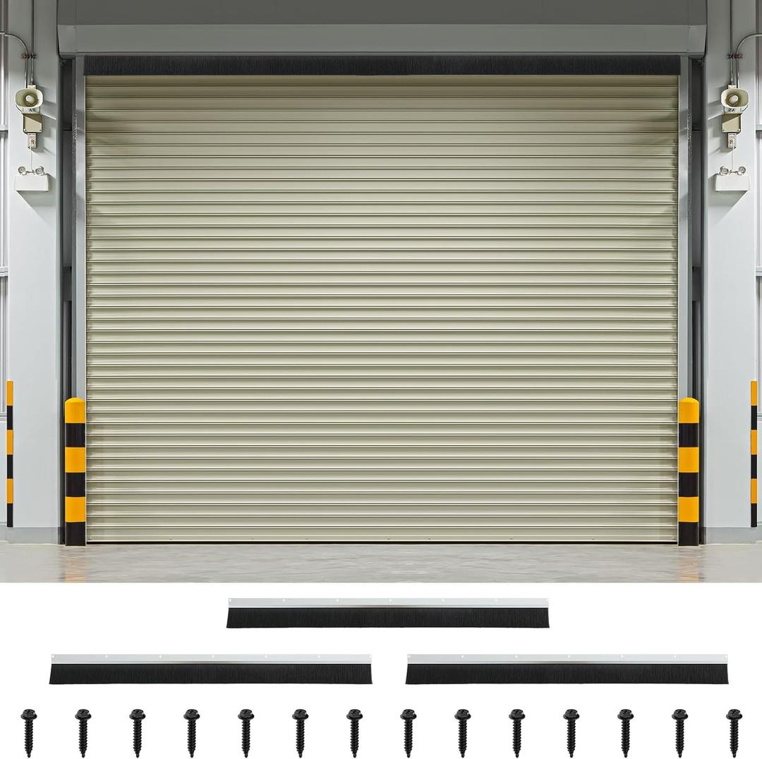 3" Roll up Garage Brush Seal for Top, 10ft Long Heavy Duty Garage Door Seal Nylon Brush with Aluminum Track No-Drill 45deg Holder for Commercial, Corrugated, Sliding Barn, Hangar Doors (Silver)