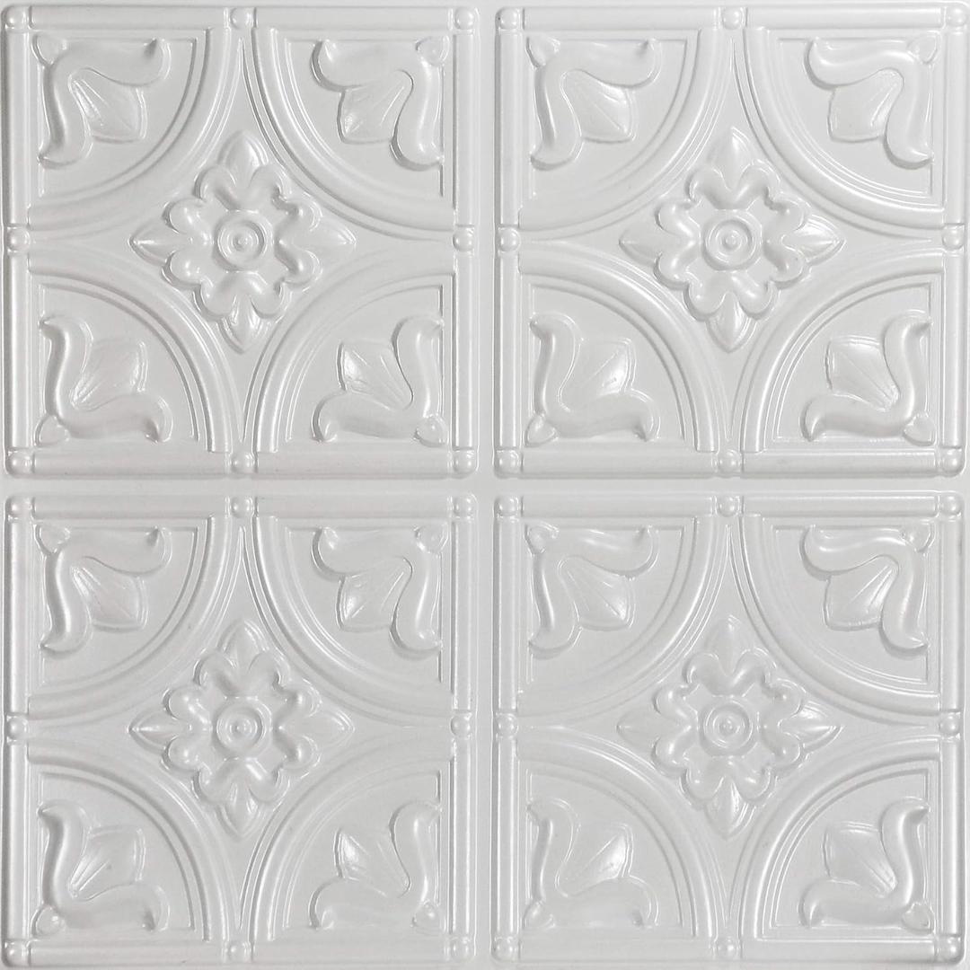 From Plain To Beautiful In Hours 148 Tiny Tulips PVC 2' x 2' Glue-up Ceiling Tile (Covers / 100 sq.ft), White Pearl, 25 Piece, Pack of 25