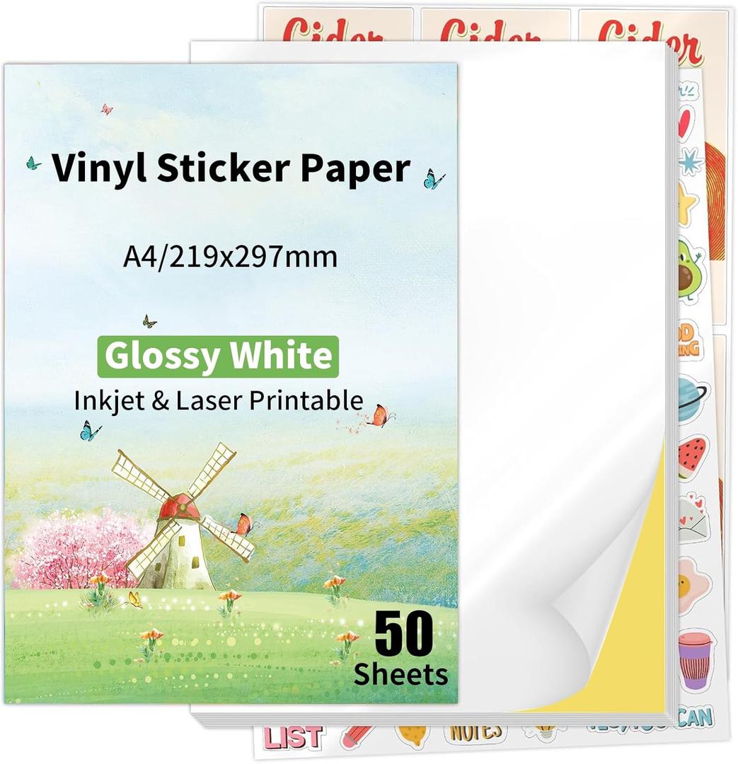 Printable Sticker Paper for Inkjet Printers Glossy White Water-Resistant Adhesive Label Paper - 8.3x11.7 Inch, Tear-Resistant, Removable (Glossy-50sheets)