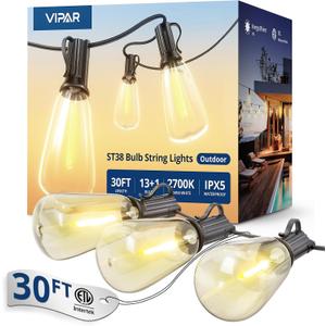 VIPAR Outdoor String Lights 30FT LED Patio Lights Waterproof with 13+1 Shatterproof ST38 Edison Bulbs, Connectable Outside Hanging Light for Porch, Garden, Backyard, Deck, Balcony, Decor, 2700K