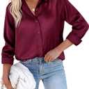 siliteelon Button Down Shirts For Womn Satin Women Blouse Silk Long Sleeve Dress Shirt Business Tops Office Work (Large, Burgundy)
