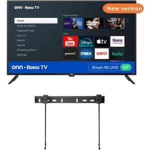 ONN 43-Inch Class 4K LED Smart TV + Free Wall Mount with Wi-Fi Connectivity and Mobile App | Flat Screen TV | Compatible with Apple Home Kit | Alexa 