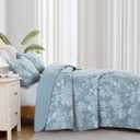 WONGS BEDDING Botanical Quilt Set Queen Size, Aqua 3 Pieces Toile Floral Plants Printed Bedspread Bedding Set Soft Lightweight Microfiber Coverlet Set for All Season (96"x90")