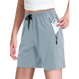 Haloumoning Girls' Hiking Cargo Shorts Quick Dry Lightweight Summer Drawstring Athletic Shorts with Zipper Pockets (8-9 Years, Blue Grey)
