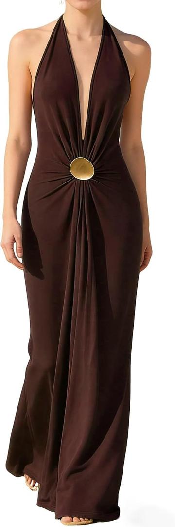 OYOANGLE Women's Deep V Neck Halter Maxi Dress Sexy Summer Backless Wedding Guest Vacation Beach Party Formal Dresses, Small