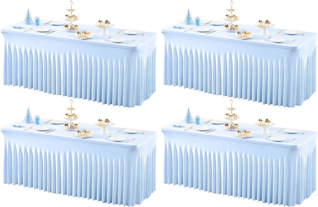 4 Packs Baby Blue Table Clothes for 6 Foot Rectangle Tables, One-Piece Wrinkle Resistant Stretch Spandex Table Covers with Skirt for Event Banquet Wedding Birthday Party, Size: 72" x 30"