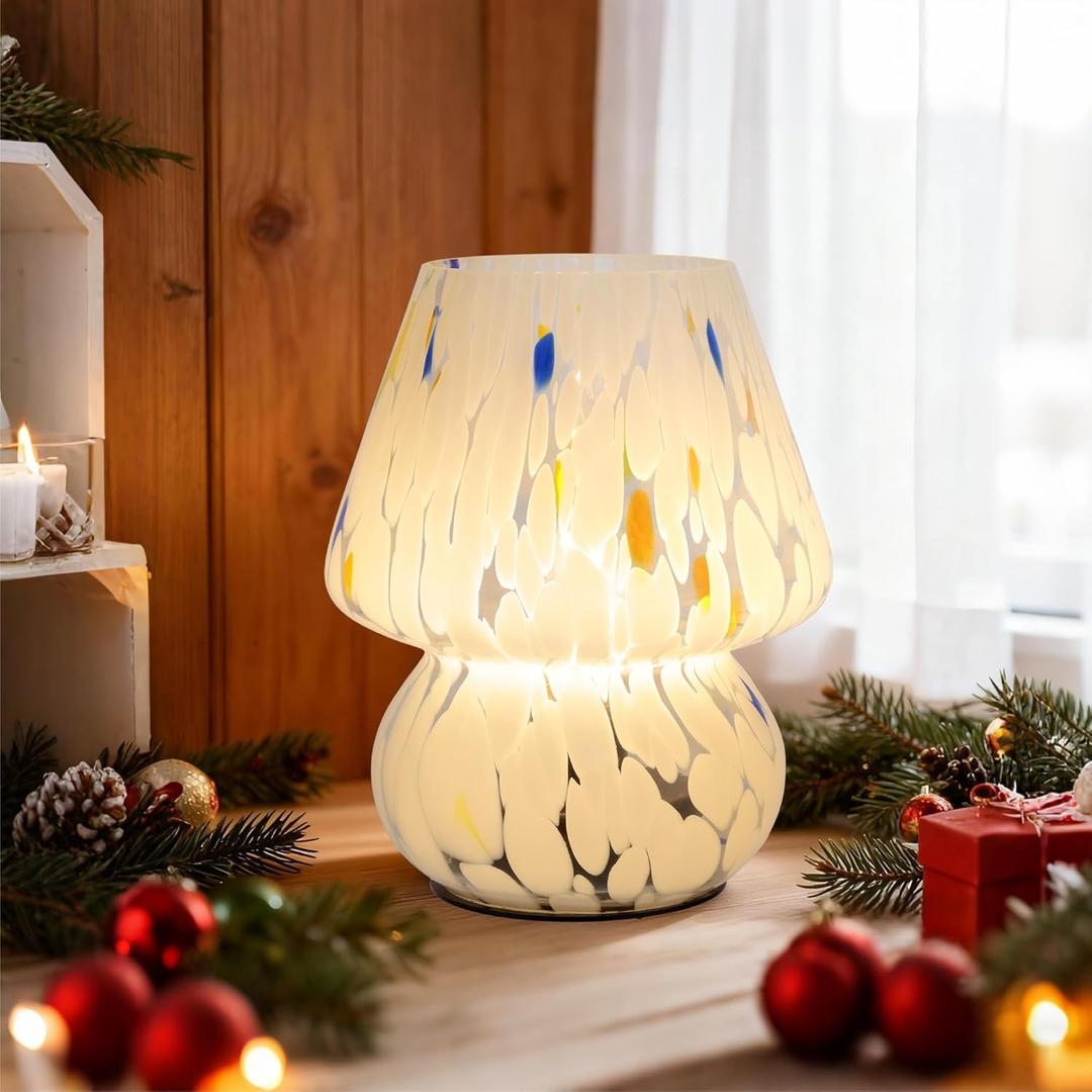 Cordless Mushroom Lamp-Modern Small Battery Operated Table Lamp with Timer for Home Decor,Aesthetic Glass Battery Powered Lamp for Bedroom/Kitchen/Living Room/Shelf Decor(White&Blue) (Dots of White)